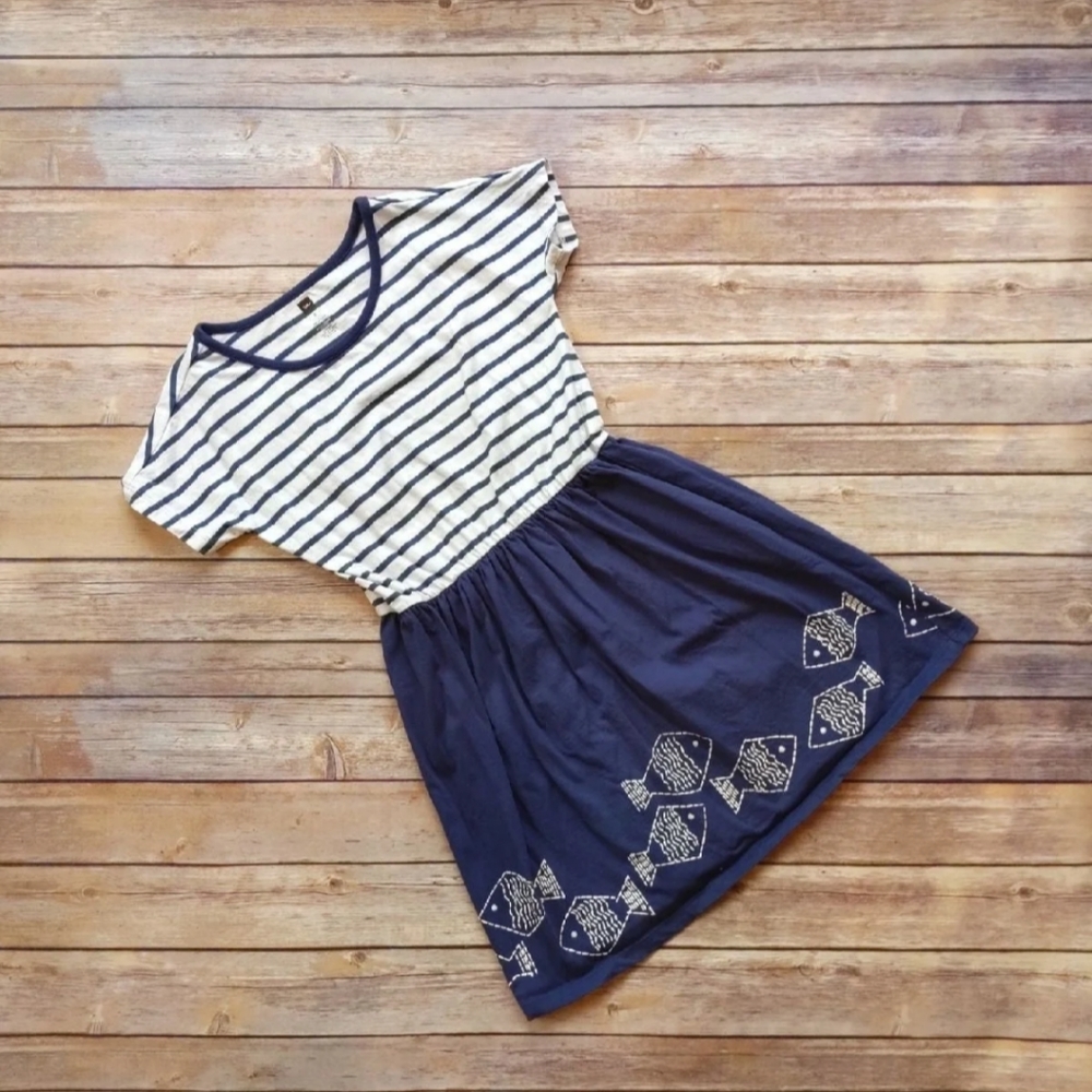 Tea Collection Navy Blue Striped Geo Fish Graphic Twirl Dress 8Y